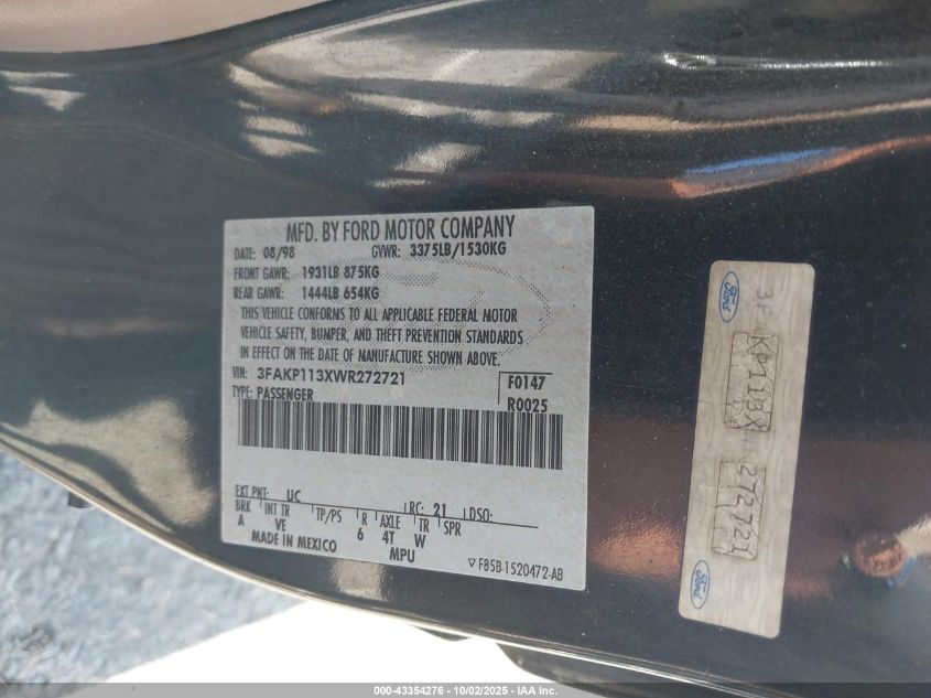 1998 Ford Escort Zx2/Sport VIN: 3FAKP113XWR272721 Lot: 43354276