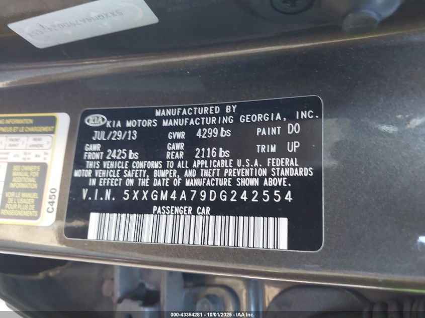 2013 Kia Optima Lx VIN: 5XXGM4A79DG242554 Lot: 43354281