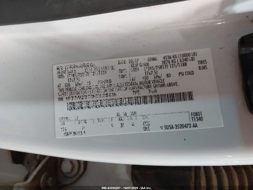 2017 Ford F-250 Xl VIN: 1FT7W2BT9HEC85439 Lot: 43354287