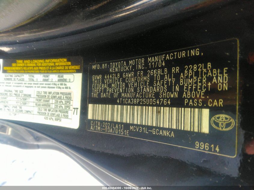 2005 Toyota Camry Solara Se Sport V6 VIN: 4T1CA38P25U054764 Lot: 43354300