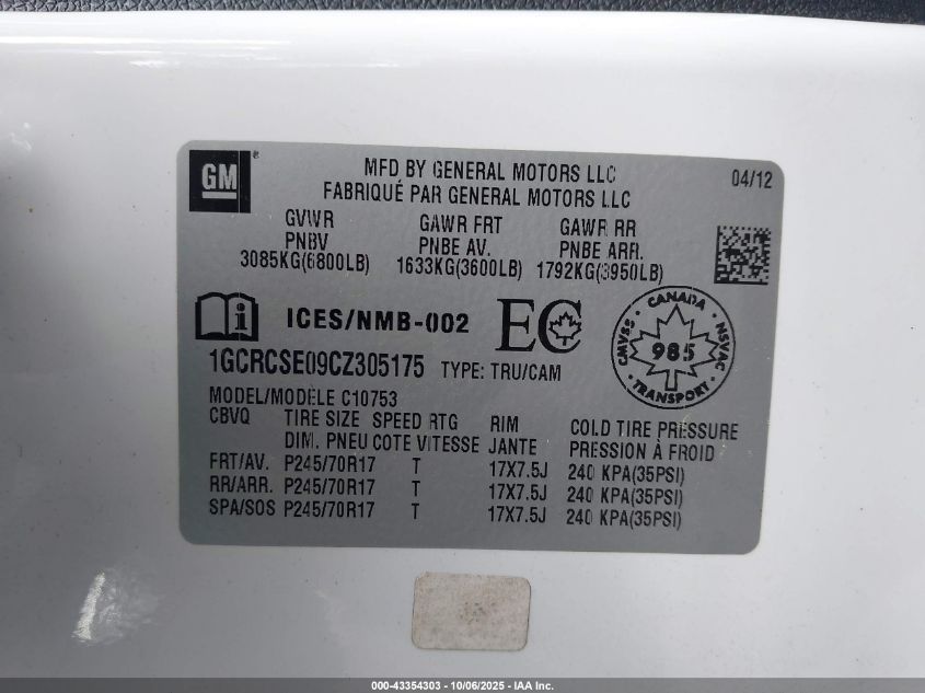 2012 Chevrolet Silverado 1500 Lt VIN: 1GCRCSE09CZ305175 Lot: 43354303