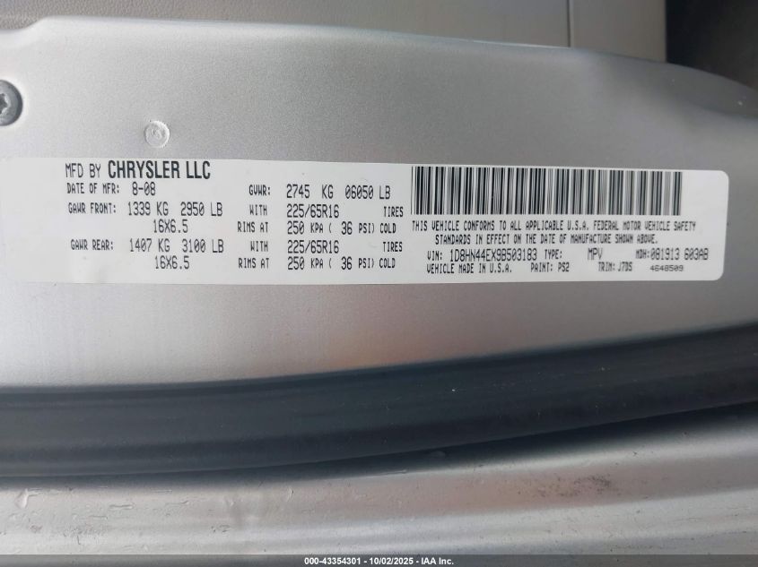 2009 Dodge Grand Caravan Se VIN: 1D8HN44EX9B503183 Lot: 43354301