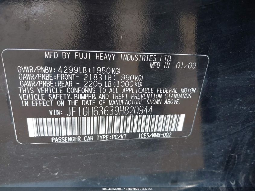 2009 Subaru Impreza Outback Sport VIN: JF1GH63639H820944 Lot: 43354304