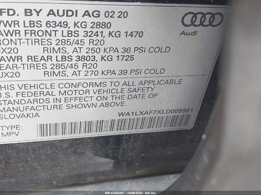 2020 Audi Q7 Premium Plus 55 Tfsi Quattro Tiptronic VIN: WA1LXAF7XLD005801 Lot: 43354307