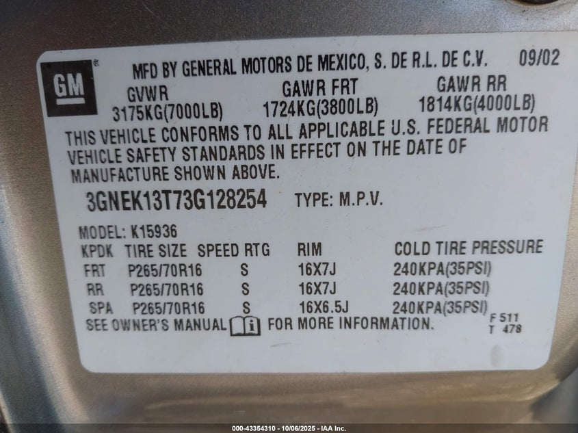 2003 Chevrolet Avalanche 1500 VIN: 3GNEK13T73G128254 Lot: 43354310