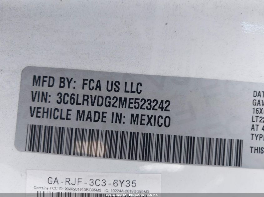 2021 Ram Promaster 2500 High Roof 159 Wb VIN: 3C6LRVDG2ME523242 Lot: 43354312