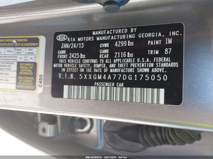 2013 Kia Optima Lx VIN: 5XXGM4A77DG175050 Lot: 43354316