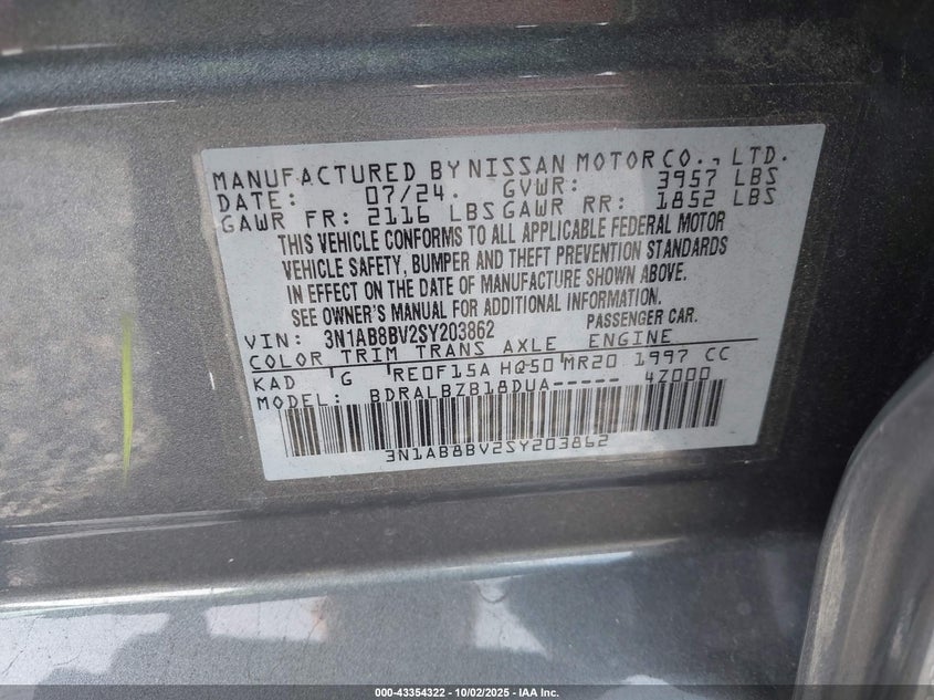 2025 Nissan Sentra S VIN: 3N1AB8BV2SY203862 Lot: 43354322
