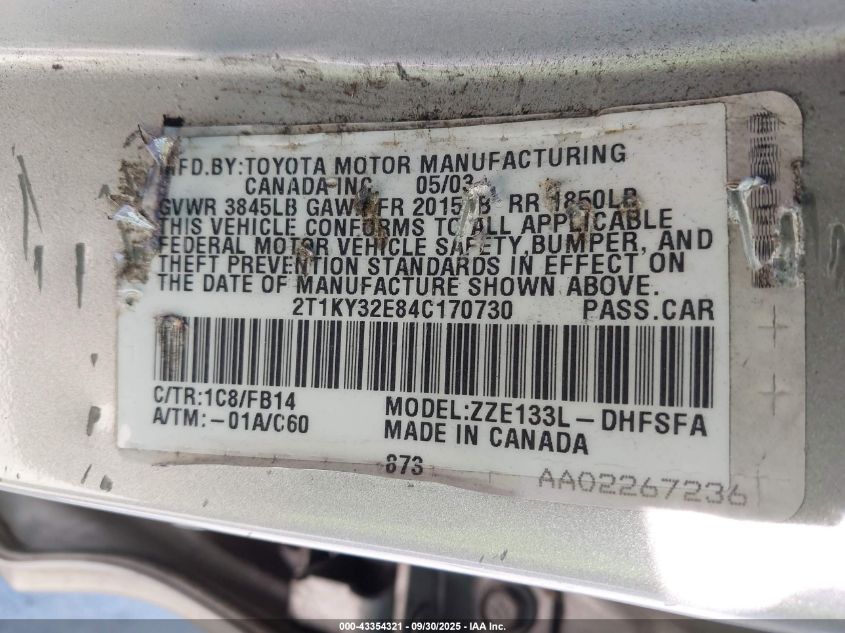 2004 Toyota Matrix Xrs VIN: 2T1KY32E84C170730 Lot: 43354321