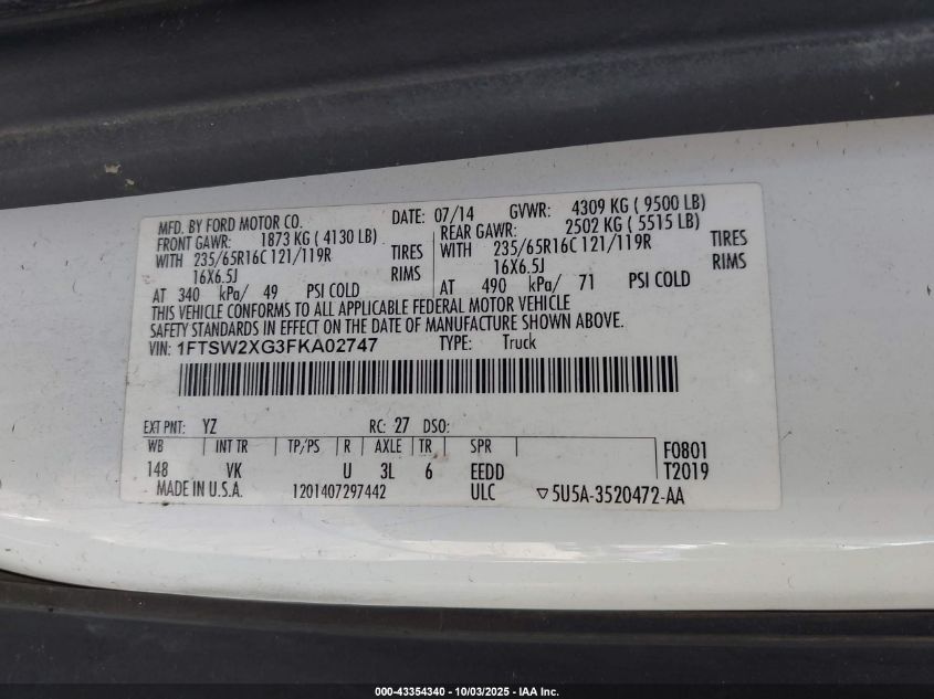 2015 Ford Transit-350 VIN: 1FTSW2XG3FKA02747 Lot: 43354340