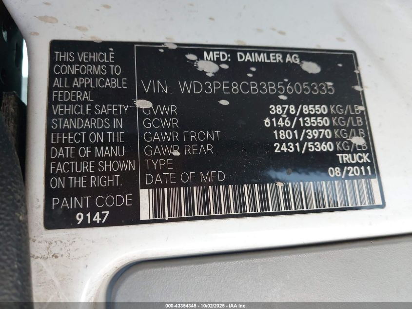 2011 Mercedes-Benz Sprinter 2500 High Roof VIN: WD3PE8CB3B5605335 Lot: 43354345