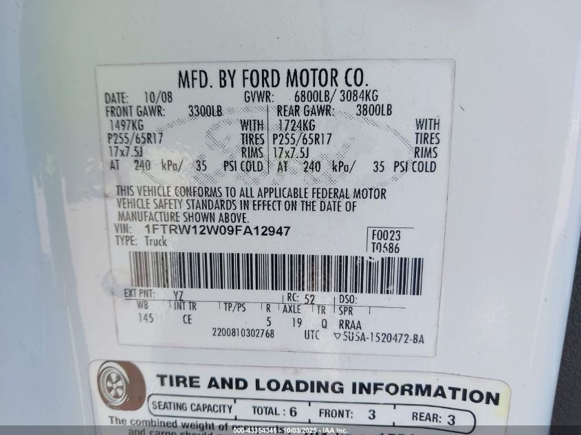 2009 Ford F-150 Xl VIN: 1FTRW12W09FA12947 Lot: 43354346