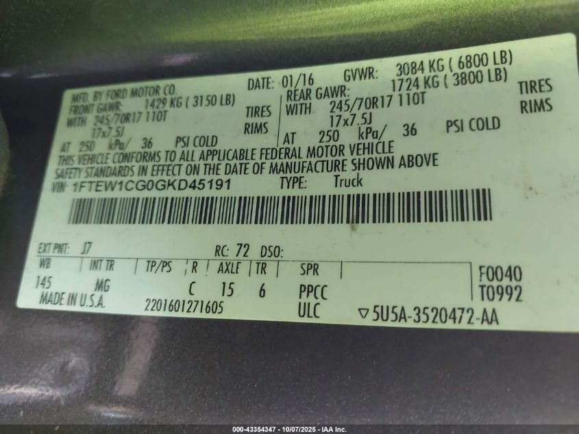 2016 Ford F-150 Xlt VIN: 1FTEW1CG0GKD45191 Lot: 43354347