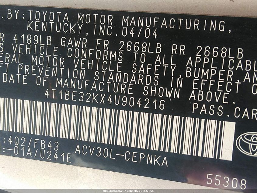 2004 Toyota Camry Le VIN: 4T1BE32KX4U904216 Lot: 43354352