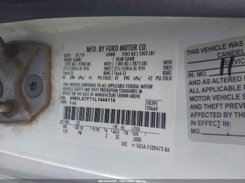 2020 Ford Transit Connect Xlt VIN: NM0LS7F71L1444116 Lot: 43354358