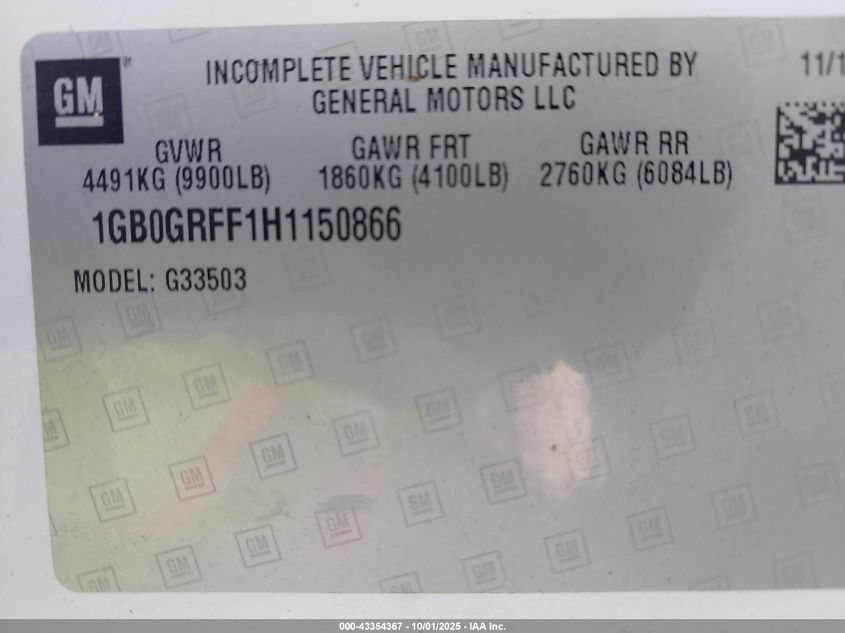 2017 Chevrolet Express Cutaway Work Van VIN: 1GB0GRFF1H1150866 Lot: 43354367