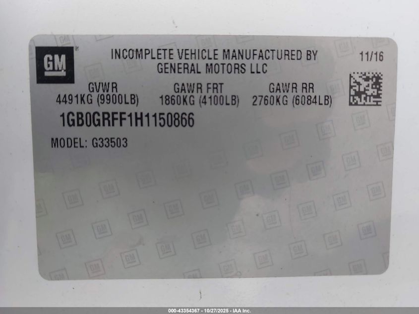 2017 Chevrolet Express Cutaway Work Van VIN: 1GB0GRFF1H1150866 Lot: 43354367