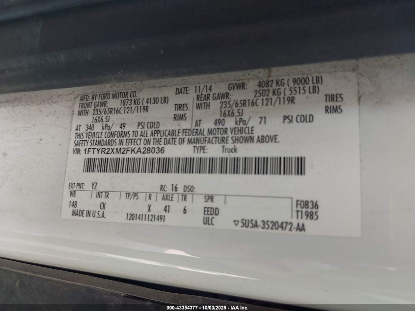 2015 Ford Transit-250 VIN: 1FTYR2XM2FKA28036 Lot: 43354377