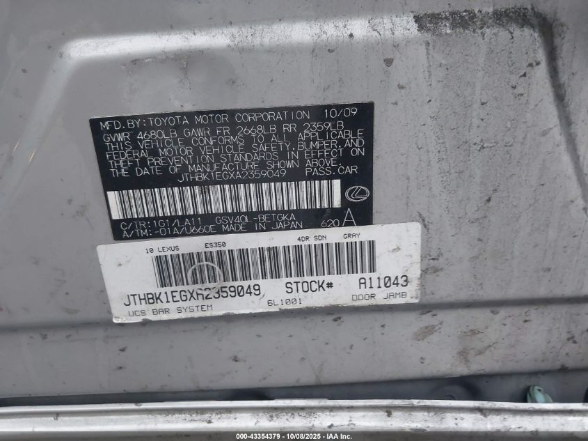 2010 Lexus Es 350 VIN: JTHBK1EGXA2359049 Lot: 43354379