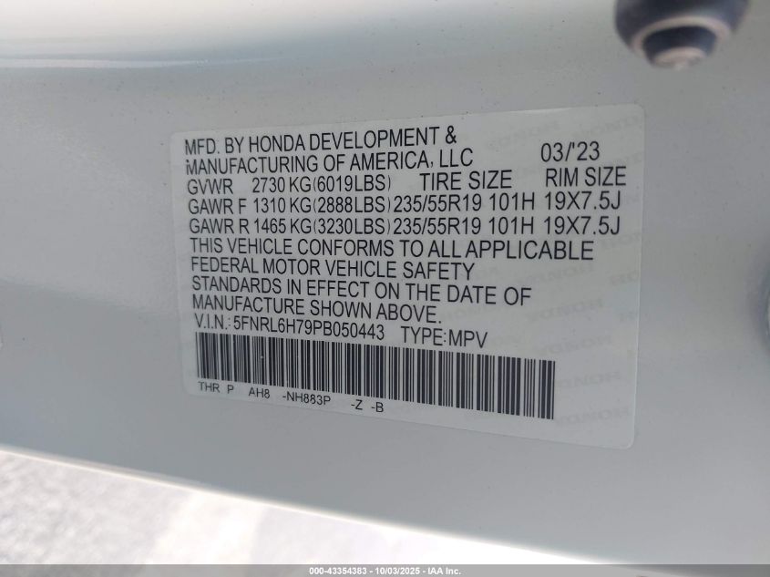 2023 Honda Odyssey Sport VIN: 5FNRL6H79PB050443 Lot: 43354383