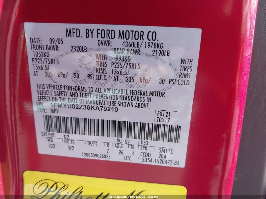 2006 Ford Escape Xls/Xls Manual VIN: 1FMYU02Z36KA79210 Lot: 43354386