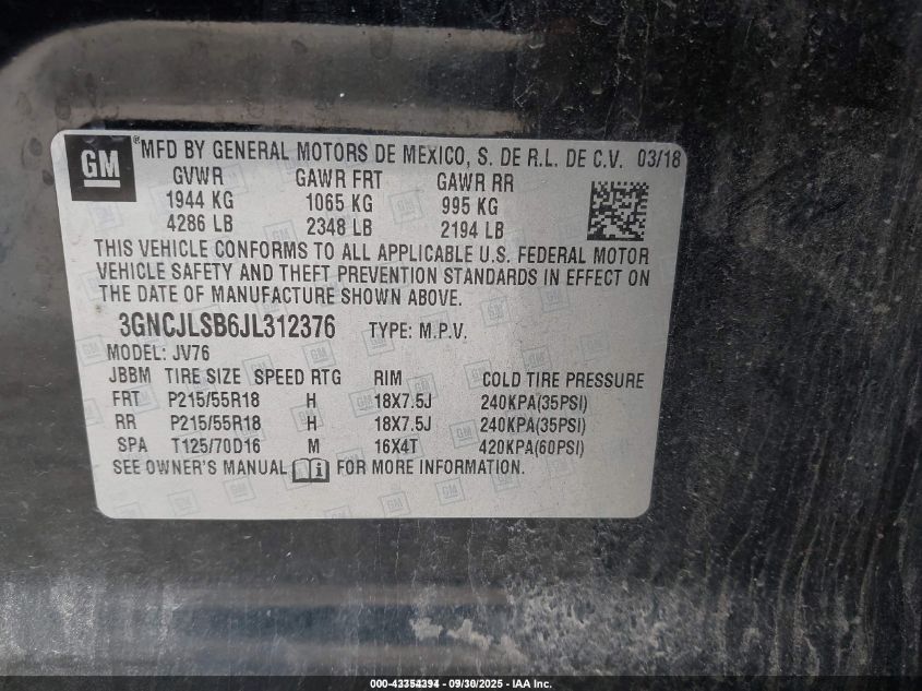2018 Chevrolet Trax Lt VIN: 3GNCJLSB6JL312376 Lot: 43354394