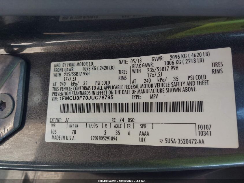 2018 Ford Escape S VIN: 1FMCU0F70JUC78795 Lot: 43354395