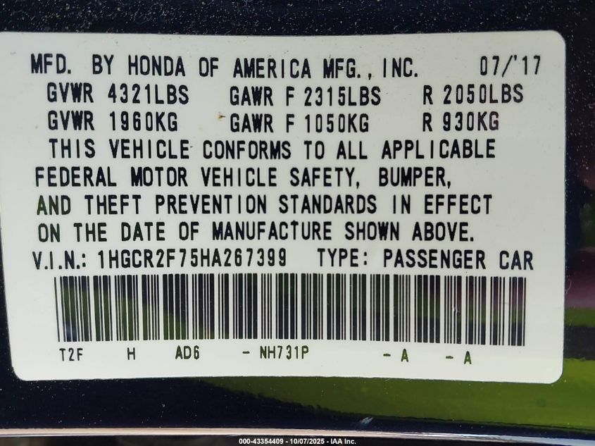 2017 Honda Accord Ex VIN: 1HGCR2F75HA267399 Lot: 43354409