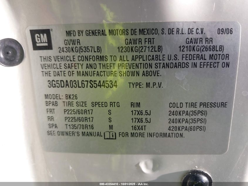 2007 Buick Rendezvous Cx VIN: 3G5DA03L67S544534 Lot: 43354410