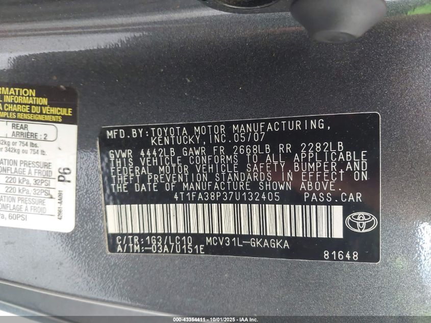 2007 Toyota Camry Solara Sle VIN: 4T1FA38P37U132405 Lot: 43354411