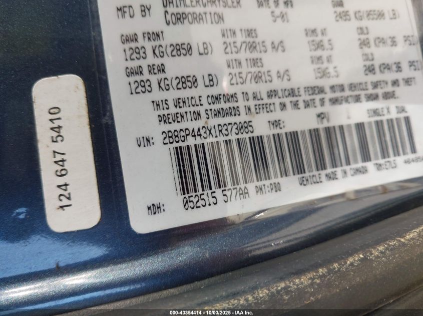 2001 Dodge Grand Caravan Sport VIN: 2B8GP443X1R373085 Lot: 43354414