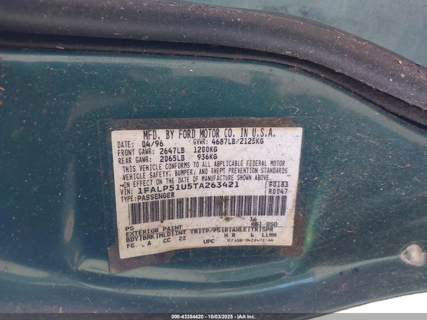 1996 Ford Taurus G VIN: 1FALP51U5TA263421 Lot: 43354420