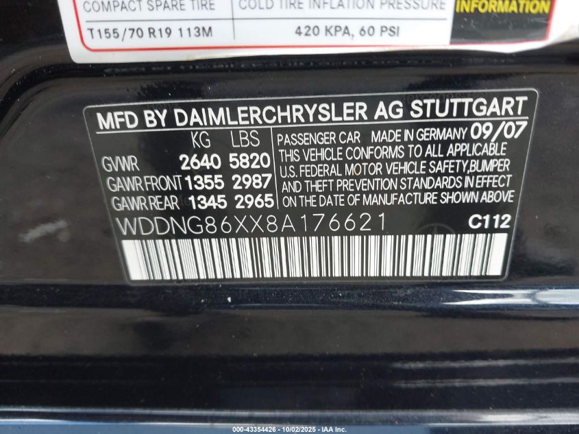 2008 Mercedes-Benz S 550 4Matic VIN: WDDNG86XX8A176621 Lot: 43354426