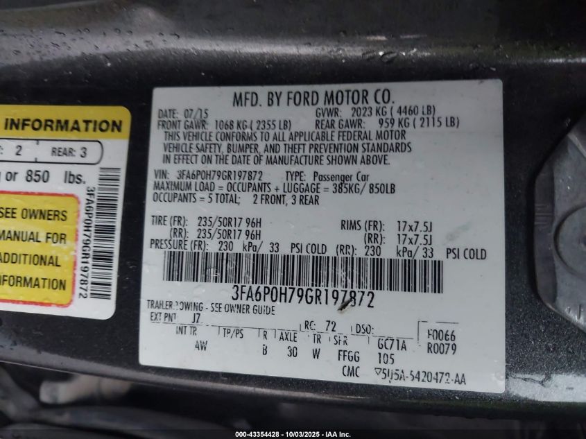 2016 Ford Fusion Se VIN: 3FA6P0H79GR197872 Lot: 43354428