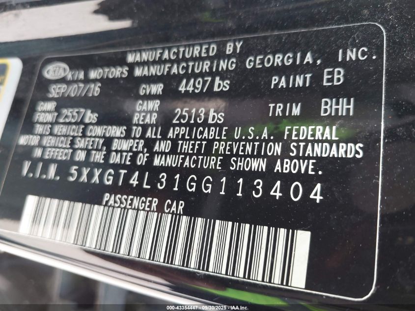 2016 Kia Optima Lx VIN: 5XXGT4L31GG113404 Lot: 43354447