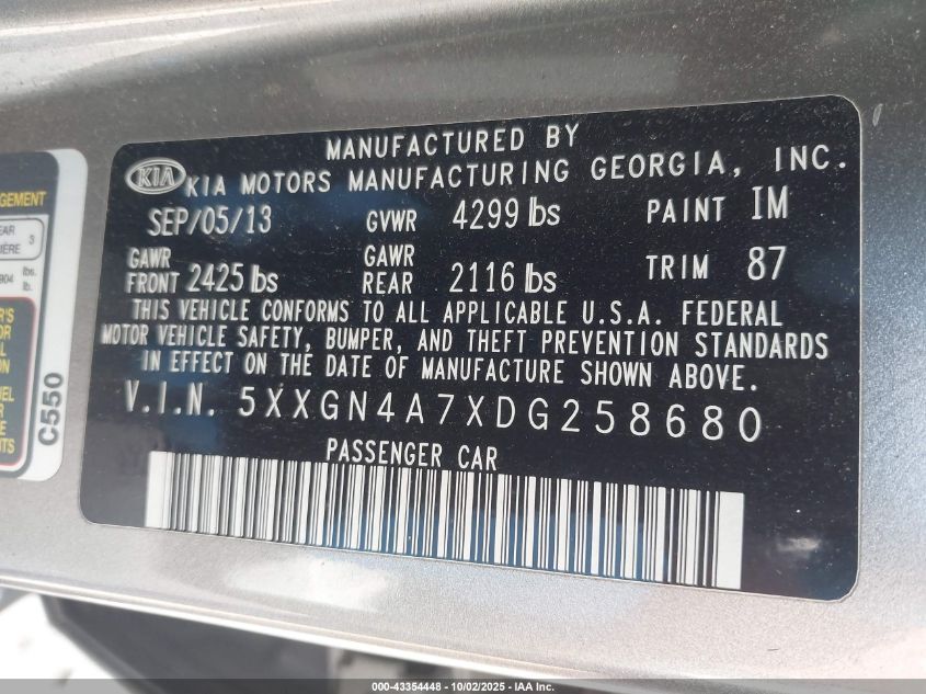 2013 Kia Optima Ex VIN: 5XXGN4A7XDG258680 Lot: 43354448