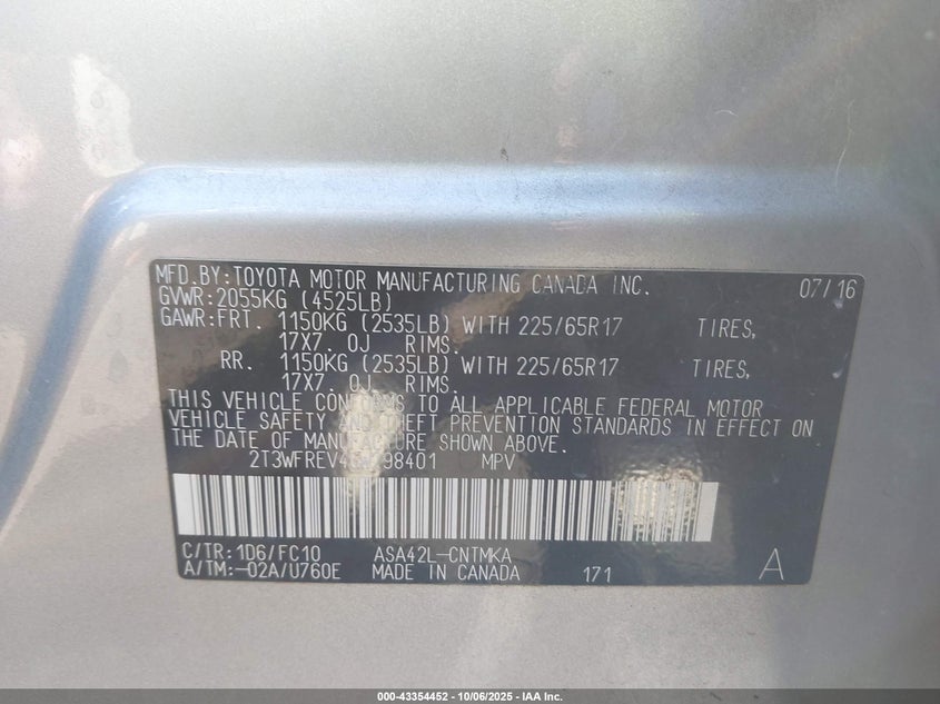 2016 Toyota Rav4 Xle VIN: 2T3WFREV4GW298401 Lot: 43354452