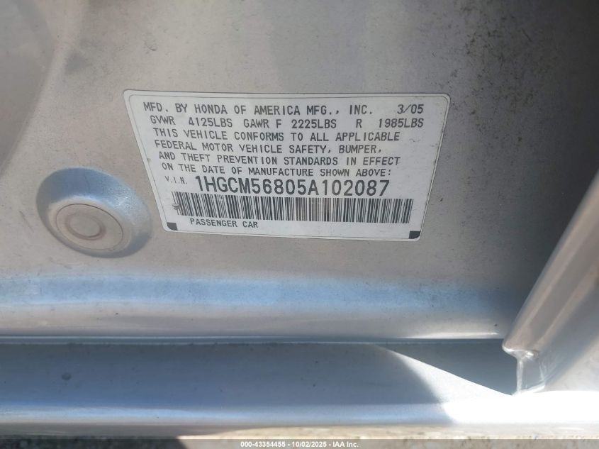 2005 Honda Accord 2.4 Ex VIN: 1HGCM56845A002087 Lot: 43354455