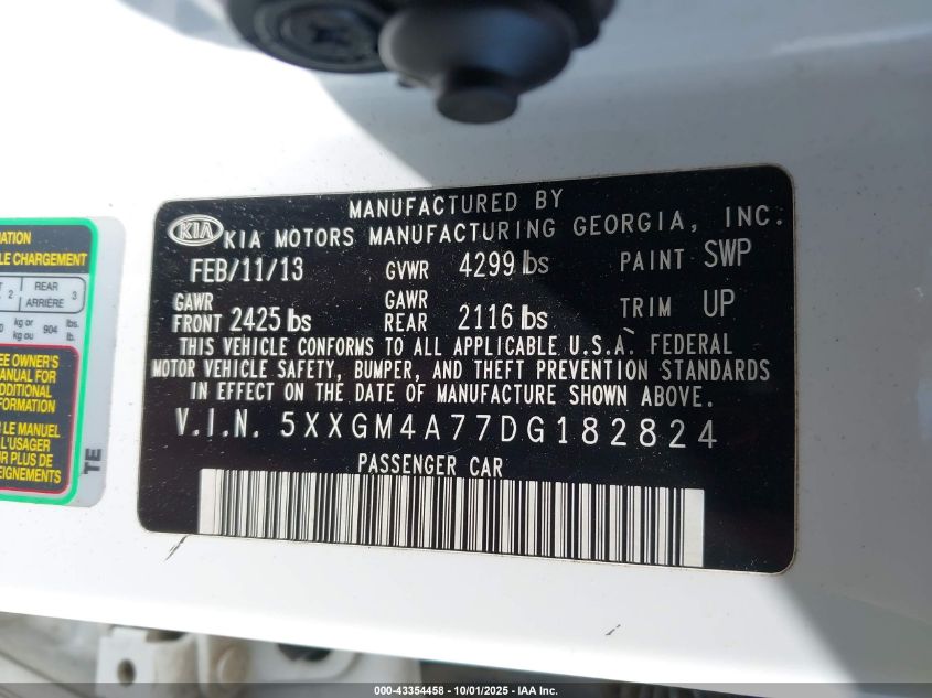 2013 Kia Optima Lx VIN: 5XXGM4A77DG182824 Lot: 43354458