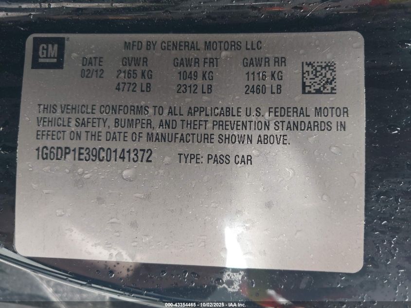 2012 Cadillac Cts Premium VIN: 1G6DP1E39C0141372 Lot: 43354465