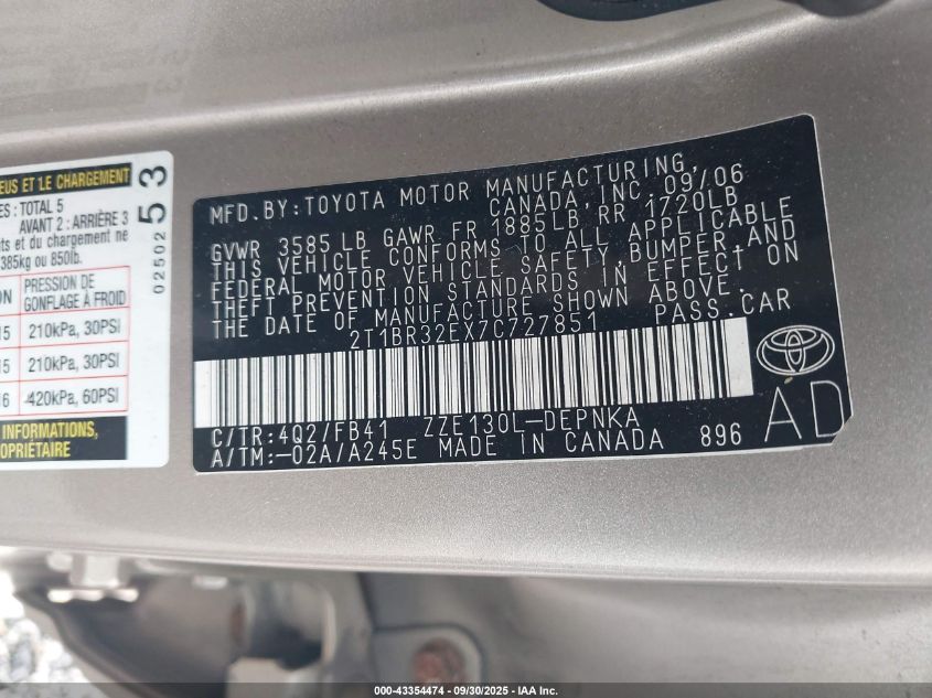 2007 Toyota Corolla Le VIN: 2T1BR32EX7C727851 Lot: 43354474