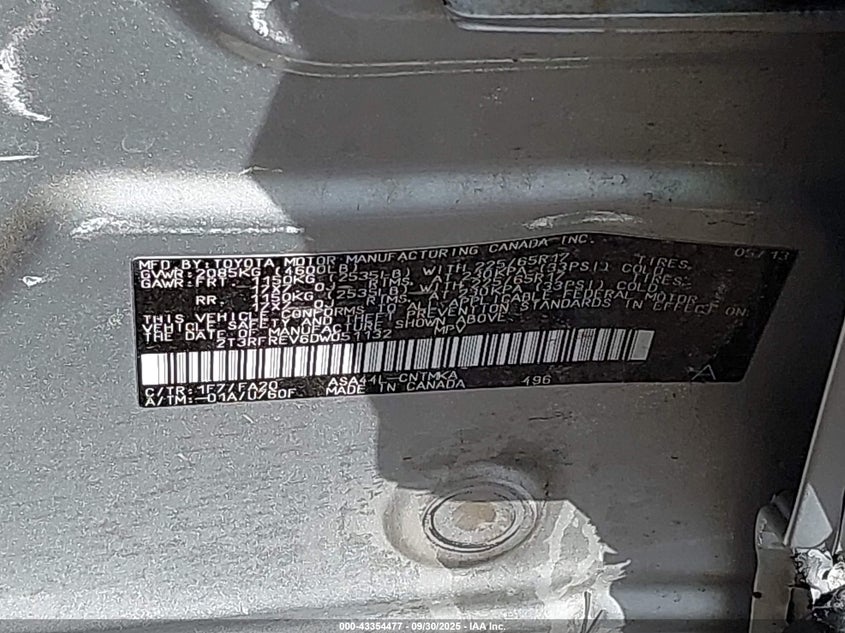 2013 Toyota Rav4 Xle VIN: 2T3RFREV6DW051132 Lot: 43354477