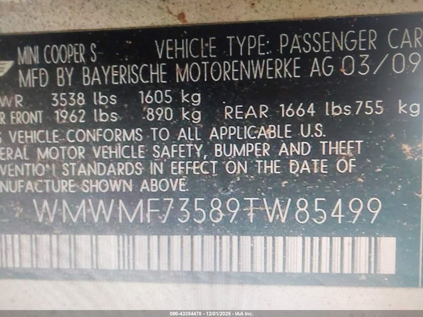 2009 Mini Cooper S VIN: WMWMF73589TW85499 Lot: 43354478