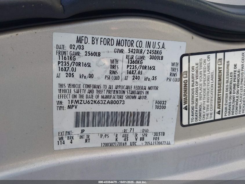 2003 Ford Explorer Xls VIN: 1FMZU62K63ZA80073 Lot: 43354479