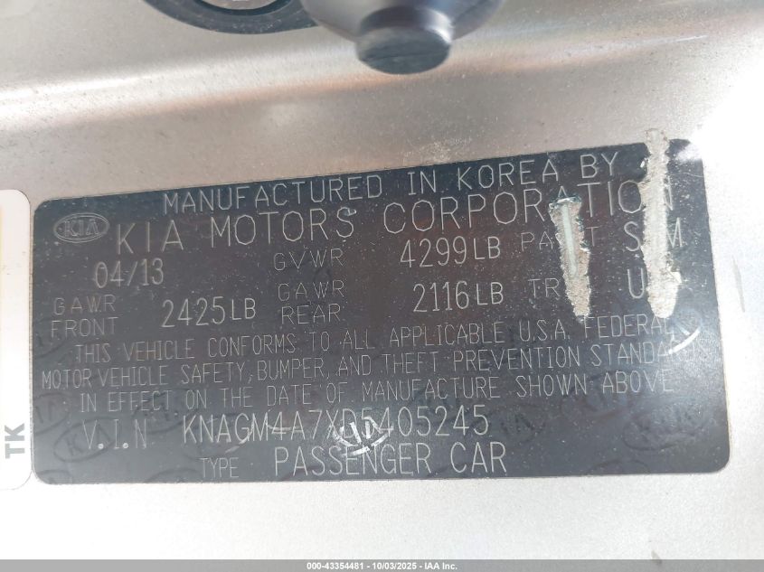 2013 Kia Optima Lx VIN: KNAGM4A7XD5405245 Lot: 43354481