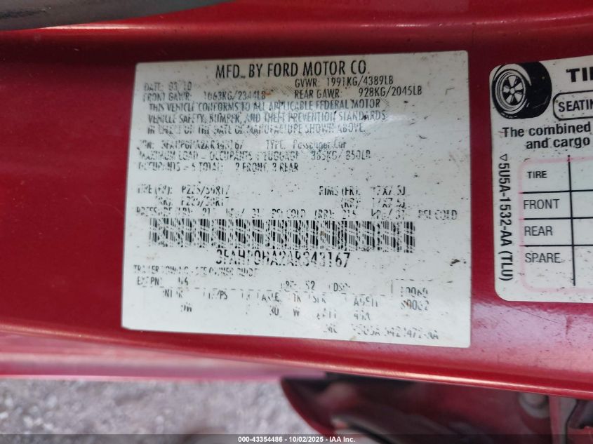 2010 Ford Fusion Se VIN: 3FAHP0HA2AR343167 Lot: 43354486