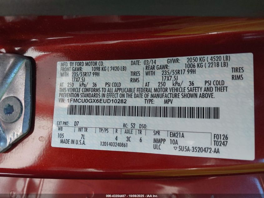 2014 Ford Escape Se VIN: 1FMCU0GX6EUD10282 Lot: 43354487