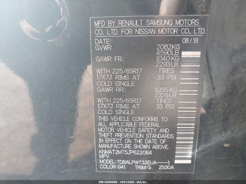 2018 Nissan Rogue S VIN: KNMAT2MT5JP622064 Lot: 43354488