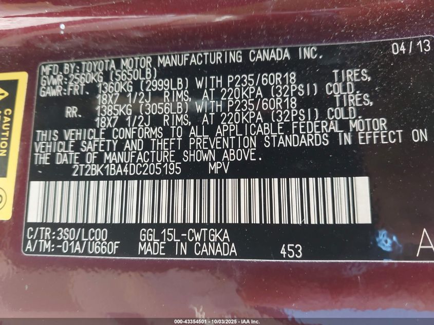 2013 Lexus Rx 350 VIN: 2T2BK1BA4DC205195 Lot: 43354501