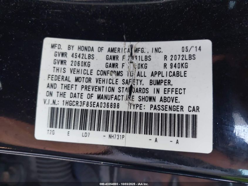 2014 Honda Accord Ex-L V-6 VIN: 1HGCR3F85EA036898 Lot: 43354503